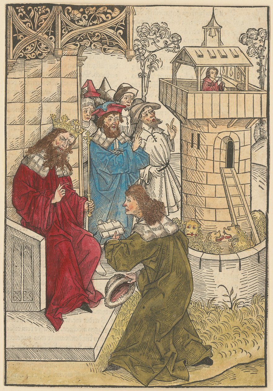 Ein Fürst kniet vor König Darius und der betende Daniel über der Löwengrube da Michael Wolgemut