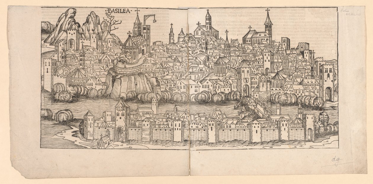 Cronaca di Norimberga: Veduta topografica di Basilea, Svizzera, 1493 da Michael Wolgemut
