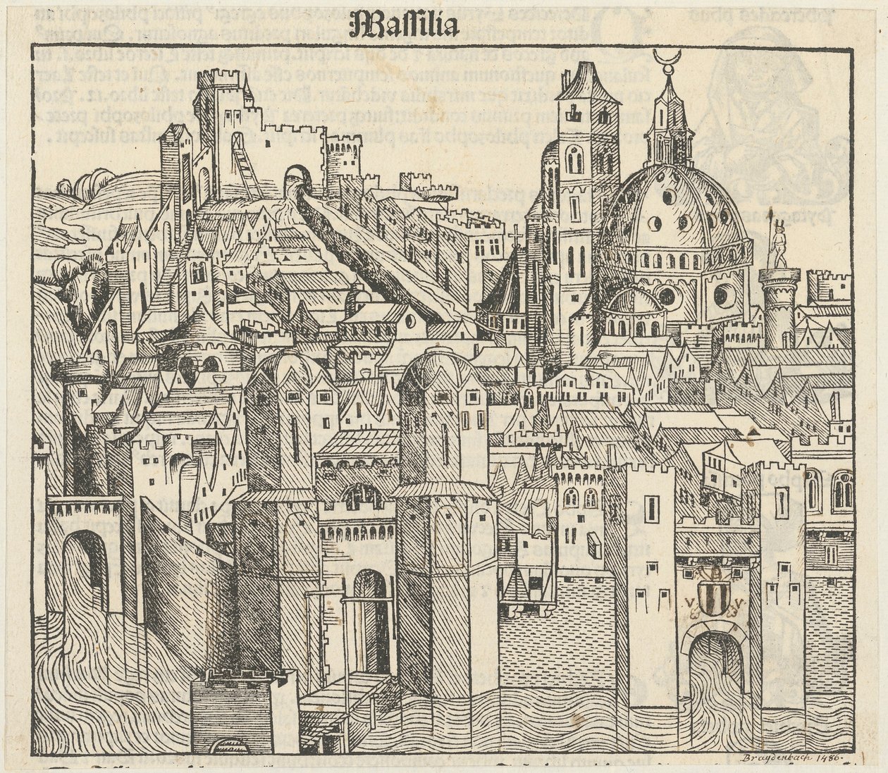 Phantasieansicht der Stadt Marseille [recto], drei Porträts (Phereades, Pythagoras und Sappho) [verso] da Michael Wolgemut
