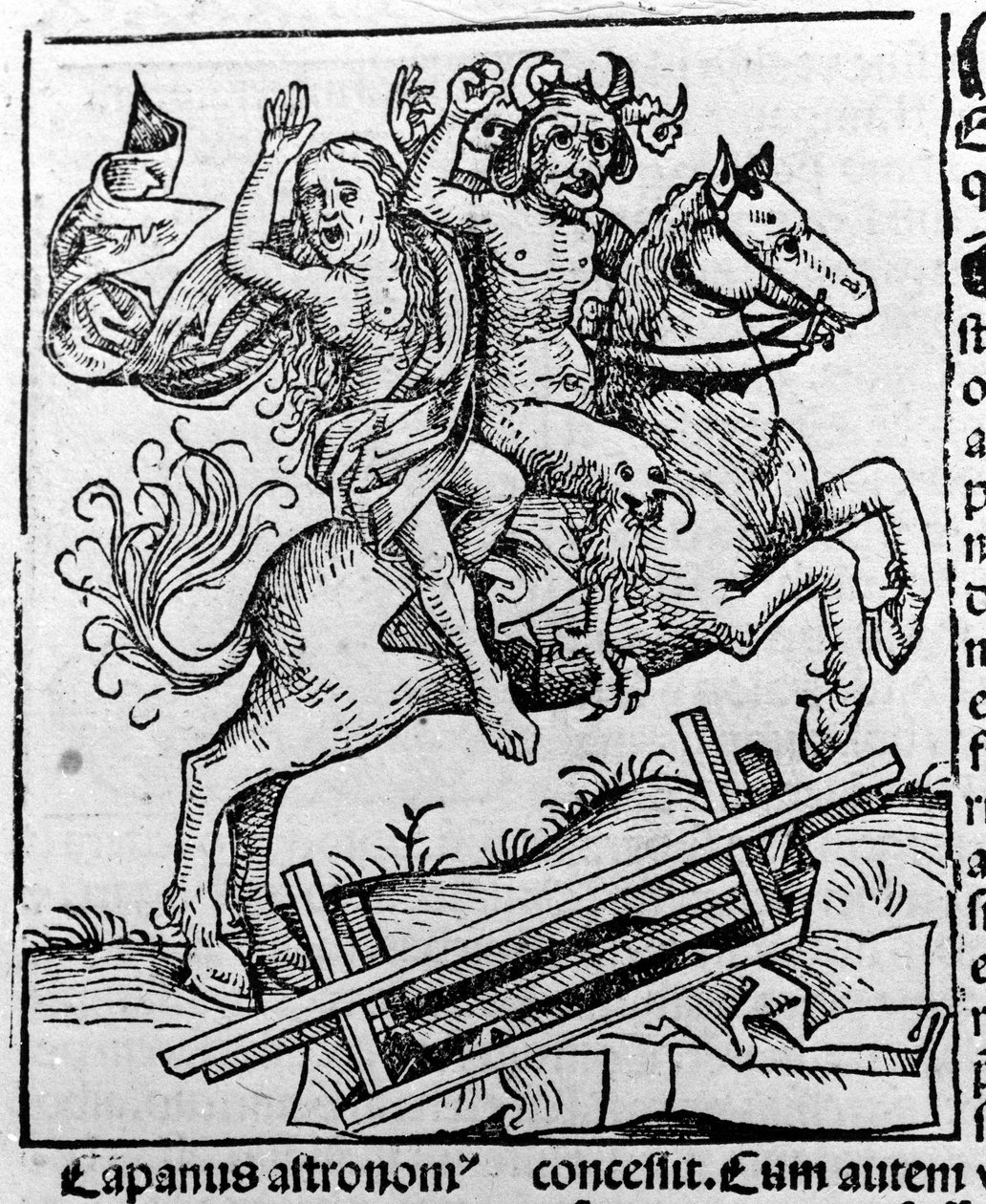 Il Diavolo e una Strega che vanno al Sabba di Hartmann Schedel. Liber chronicarum, Norimberga 1493 da Michael Wolgemut or Wolgemuth
