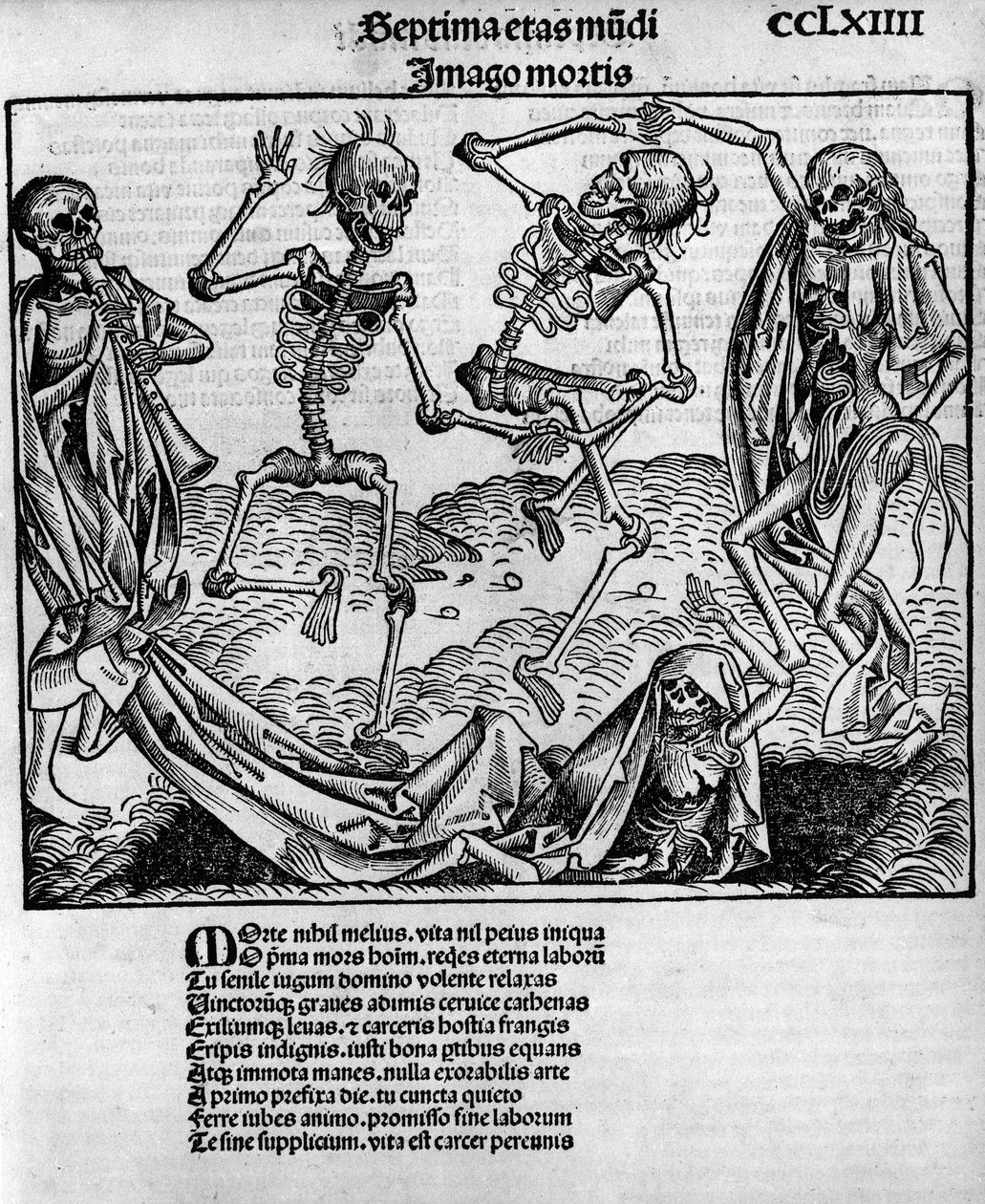 Scena di danza macabra, con scheletri, -in Cronache di Norimberga di Hartmann Schedel (1440-1514), edito a Norimberga da Anton Koberger, 12 luglio da Michael and Pleydenwurff W. (d.1494) Wolgemuth
