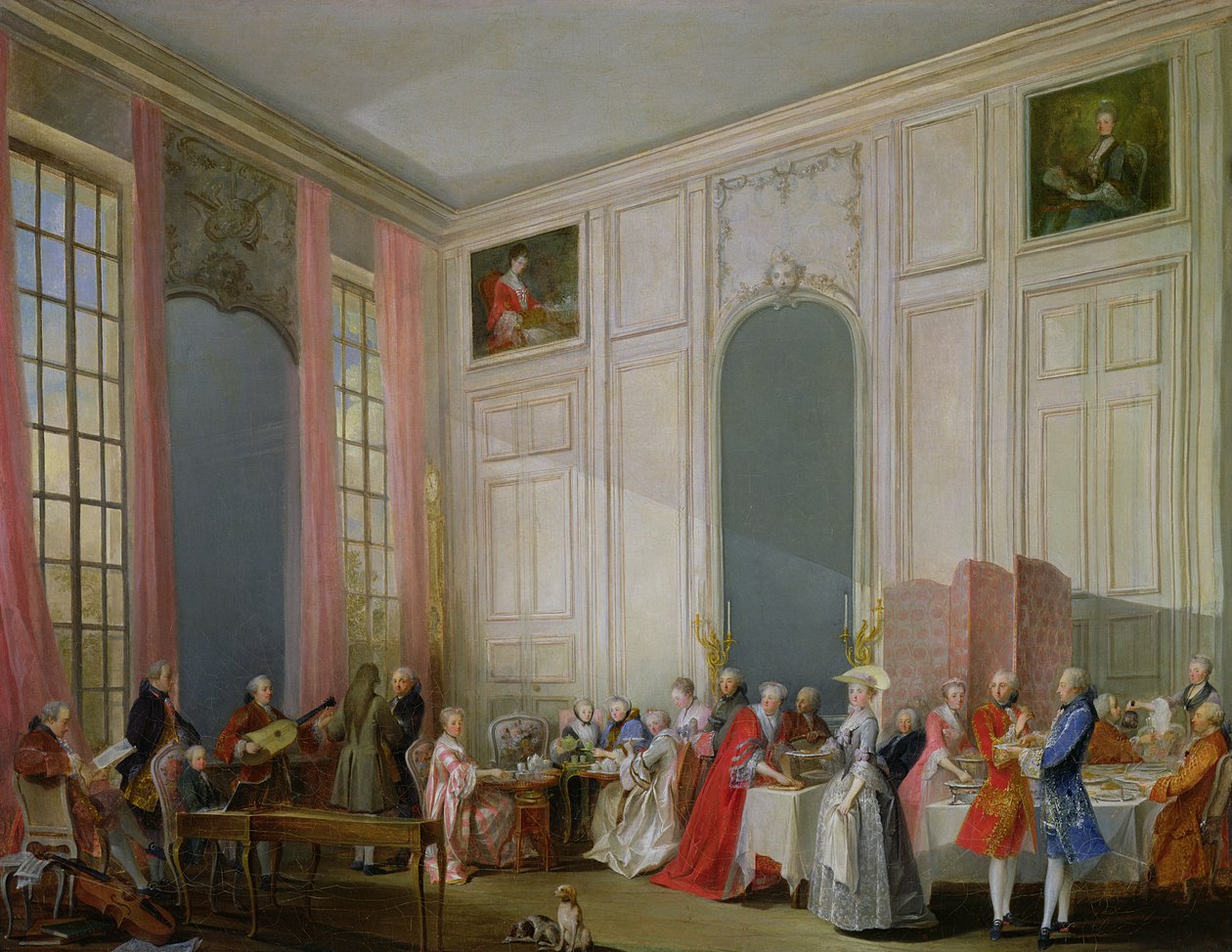 Il tè inglese e un concerto di società a casa della Principessa de Conti, Palais du Temple, Parigi con il giovane Mozart al clavicordo, 1766 da Michel Barthelemy Ollivier or Olivier