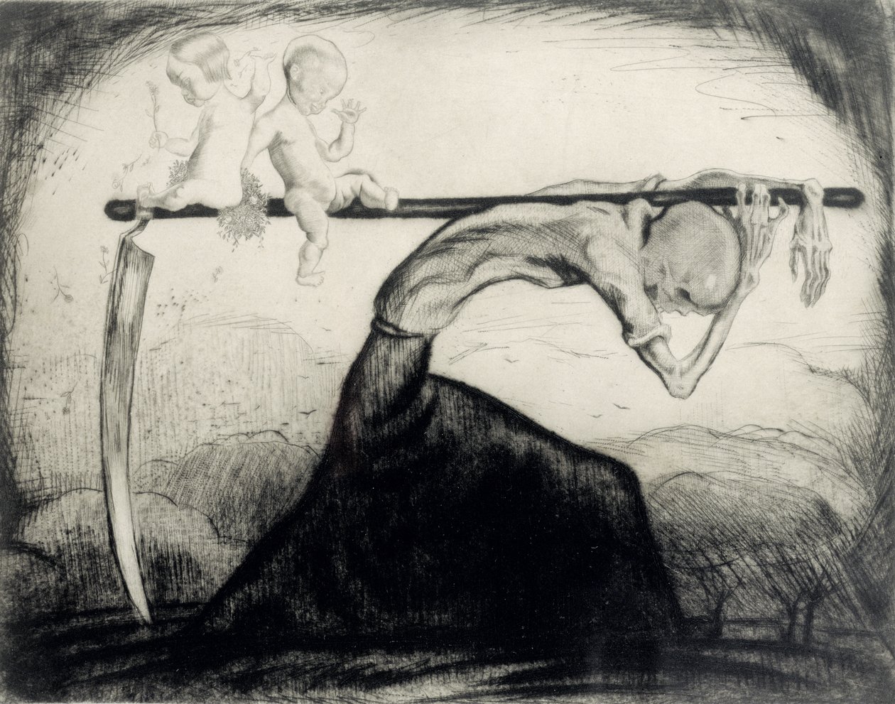 Morte con due bambini portati sulla sua falce, 1915 da Michel Fingesten