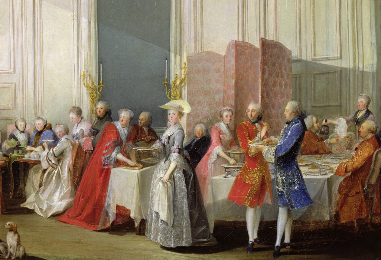 Tè inglese nel Salon des Quatre Glaces alla Casa del Principe de Conti (1717-76) Palais du Temple, (dettaglio) degli ospiti, 1766 da Michel Barthelemy Ollivier or Olivier