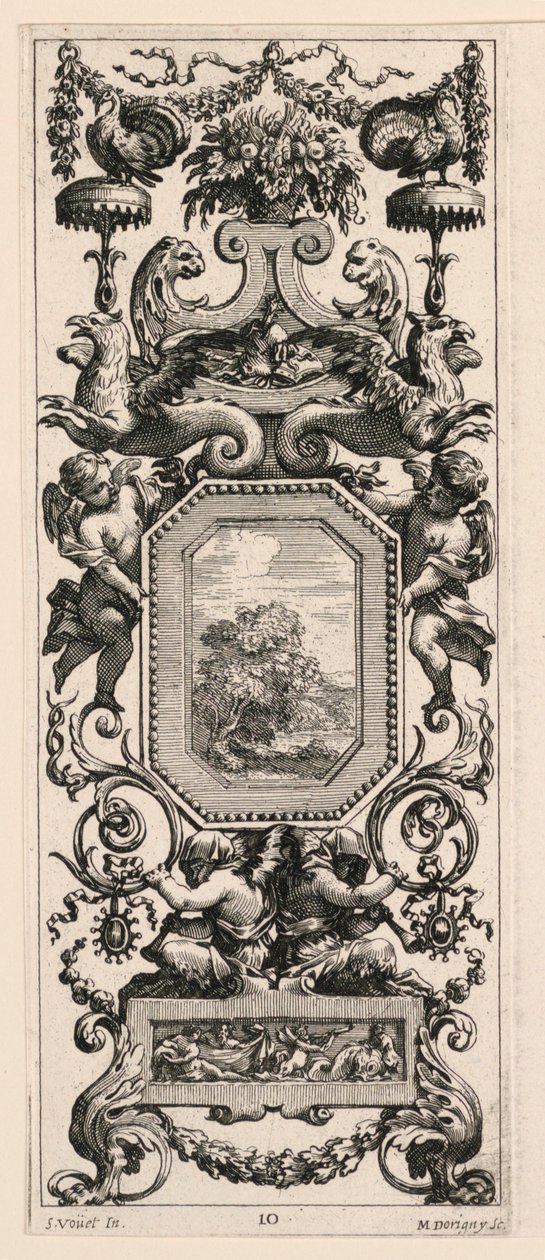 Pannello ornamentale sormontato da un cesto di fiori e una ghirlanda, tavola 10 dal Livre de Diverses Grotesques peintes dans le Cabinet et Bains de la Reyne Regente, au Palais Royale da Michel Dorigny