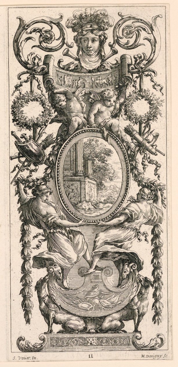 Pannello ornamentale sormontato da una testa affiancata da fogliame, tavola 11 dal Pannello ornamentale sormontato da una testa affiancata da fogliame, dal Livre de Diverses Grotesques peintes dans le Cabinet et Bains de la Reyne Regente, au Palais Royale da Michel Dorigny