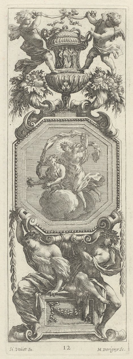Pannello ornamentale sormontato da due putti e un vaso da Michel Dorigny, after Simon Vouet