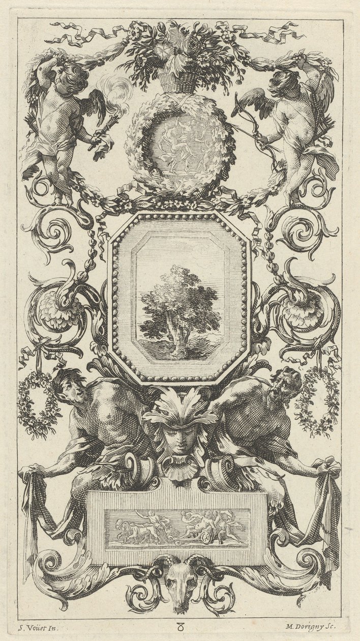 Pannello ornamentale sormontato da un cesto di fiori con Cupido e Imene da Michel Dorigny, after Simon Vouet