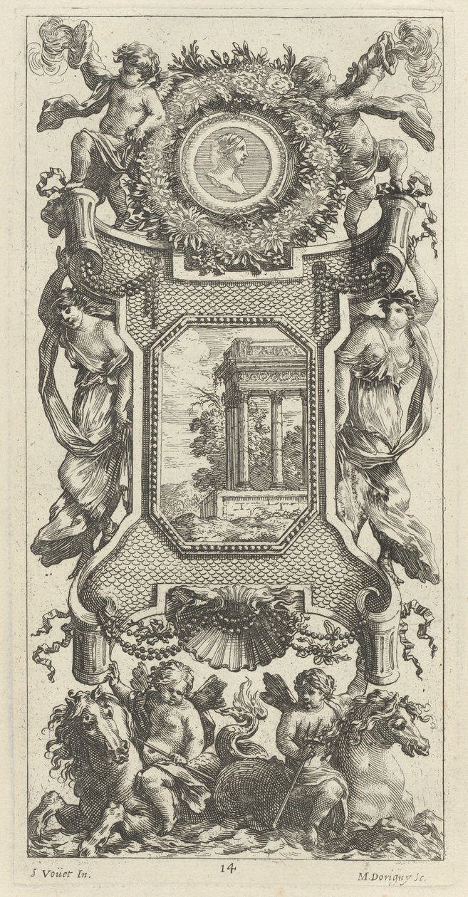 Pannello ornamentale sormontato da un busto di donna e due putti con trombe fiammeggianti da Michel Dorigny, after Simon Vouet