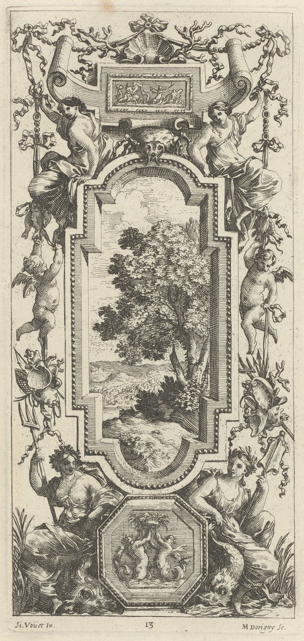 Pannello ornamentale sormontato da una scena marittima e una conchiglia da Michel Dorigny, after Simon Vouet