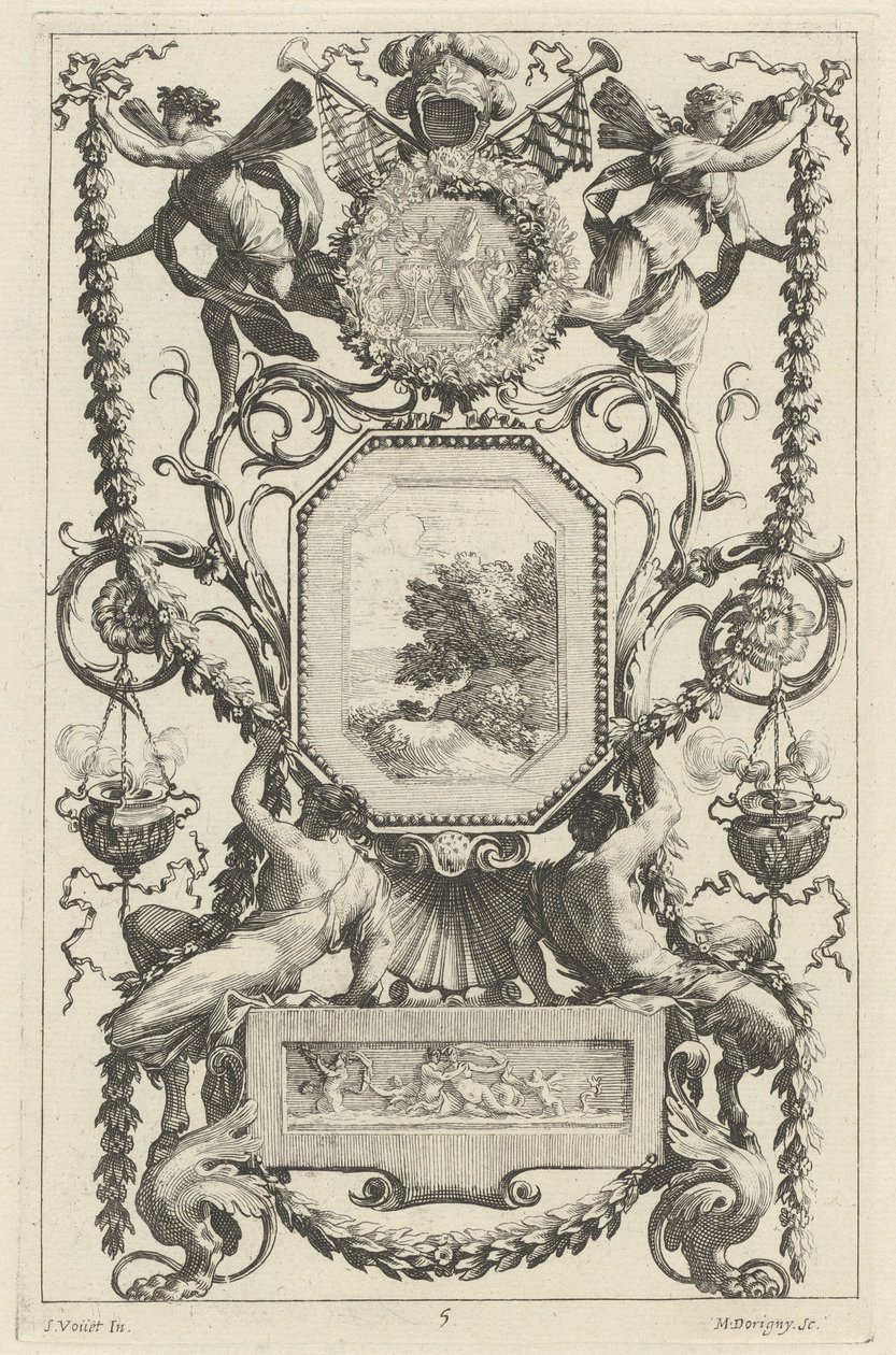 Pannello Ornamentale Sormontato da un Medaglione con un Sacrificio da Michel Dorigny, after Simon Vouet