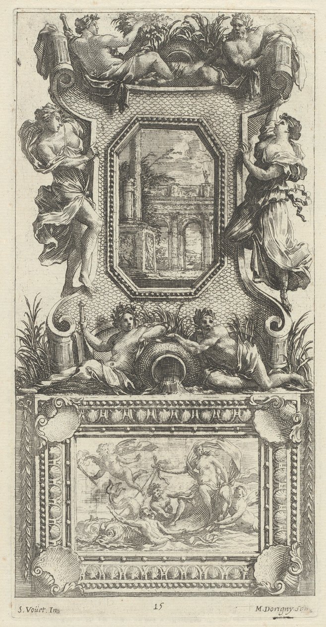 Pannello ornamentale sormontato da una Naiade e un Dio del Fiume da Michel Dorigny, after Simon Vouet