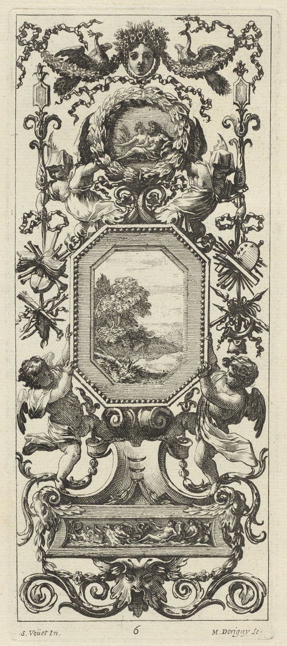 Pannello ornamentale sormontato dalla testa incoronata di una donna e due pavoni da Michel Dorigny, after Simon Vouet