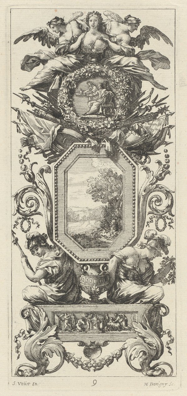 Pannello ornamentale sormontato da due figure appoggiate sul busto di una donna da Michel Dorigny, after Simon Vouet