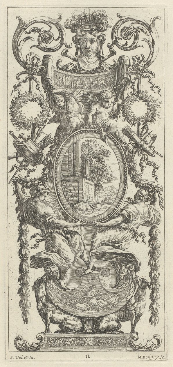 Pannello Ornamentale Sormontato da una Testa Fiancheggiata da Fogliame da Michel Dorigny, after Simon Vouet