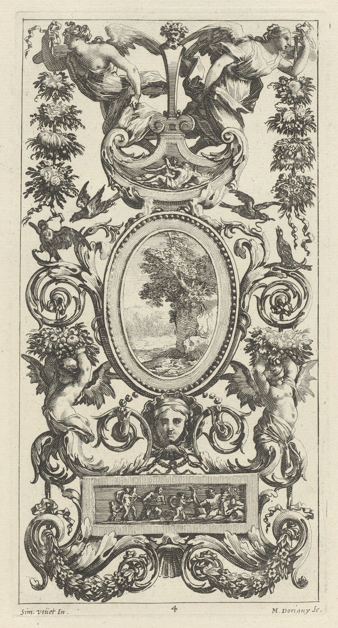 Pannello ornamentale con Pan e due donne portatrici di ghirlande da Michel Dorigny, after Simon Vouet