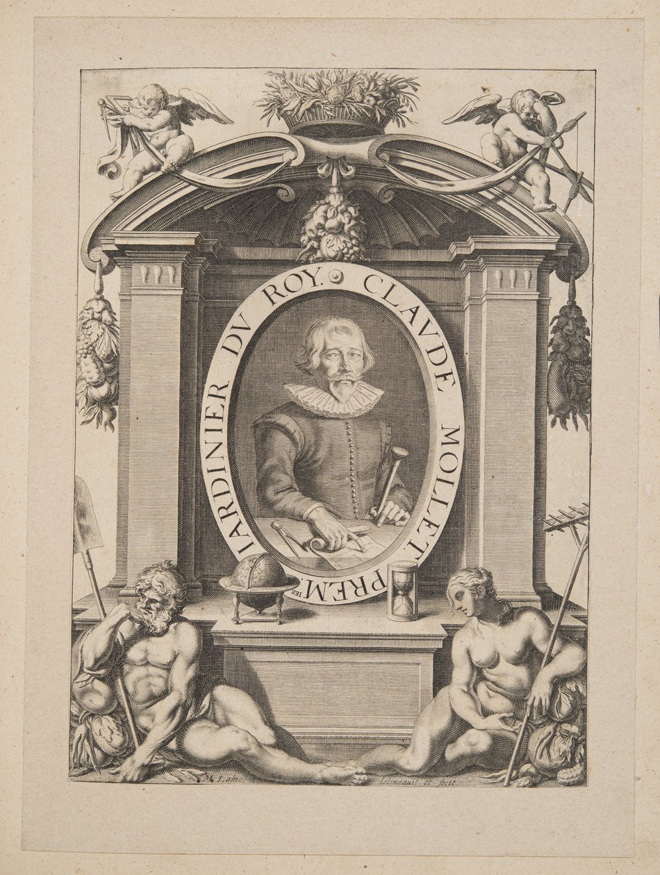Claude Mollet, primo giardiniere del re, da Theatre des Plans et Jardinages, pub. 1652 da Michel Lasne