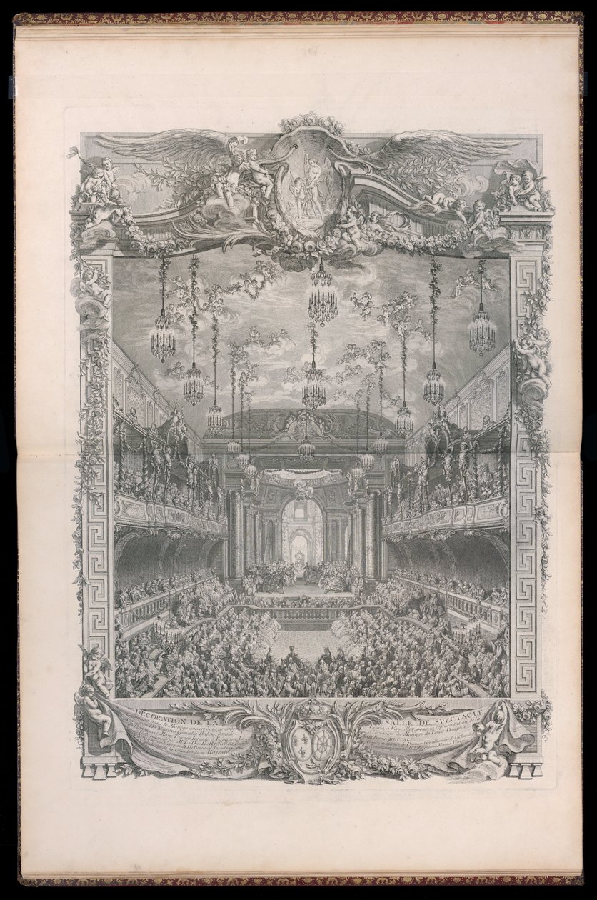 Décoration de la salle de spectacle, construit dans le manège couvert de la grande écurie à Versailles, pour la représentation de la Princesse de Navarre Comédie Ballet, donnée à l’occasion du Mariage de Louis Dauphin de France avec Marie Thérèse Infante d da Michel de Bonneval