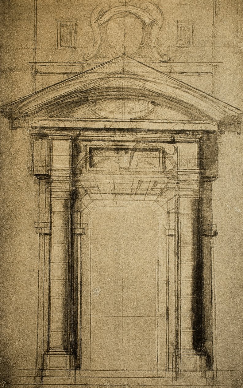 Schizzo architettonico di una porta sormontata da uno stemma da Michelangelo Buonarroti