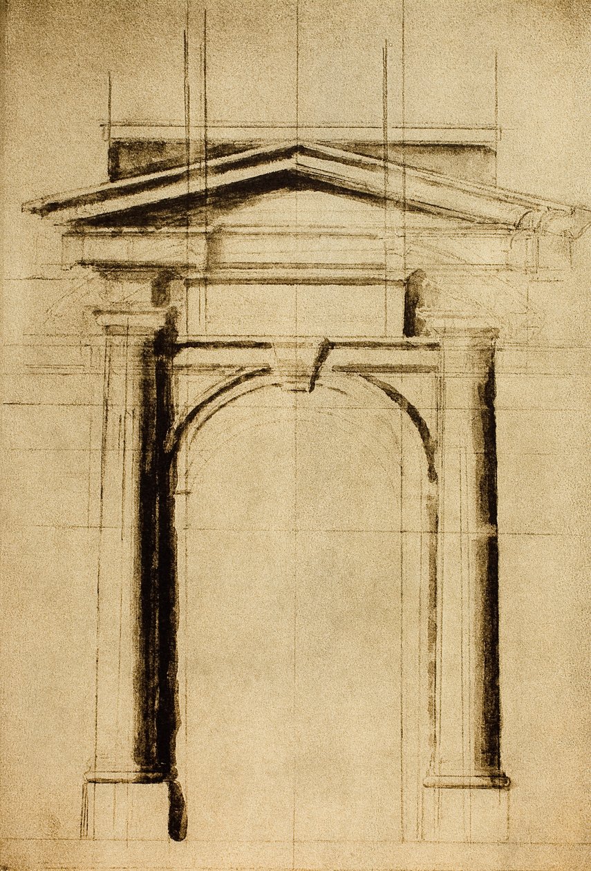 Studio architettonico di una porta con timpano triangolare, disegno di Michelangelo da Michelangelo Buonarroti