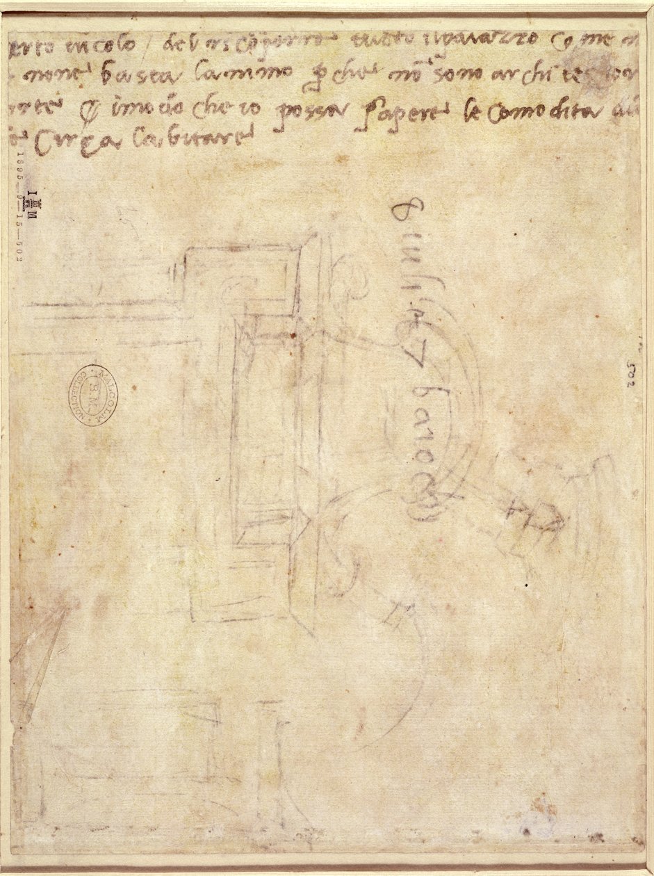 Studio architettonico con note (penna e matita su carta) (verso) da Michelangelo Buonarroti