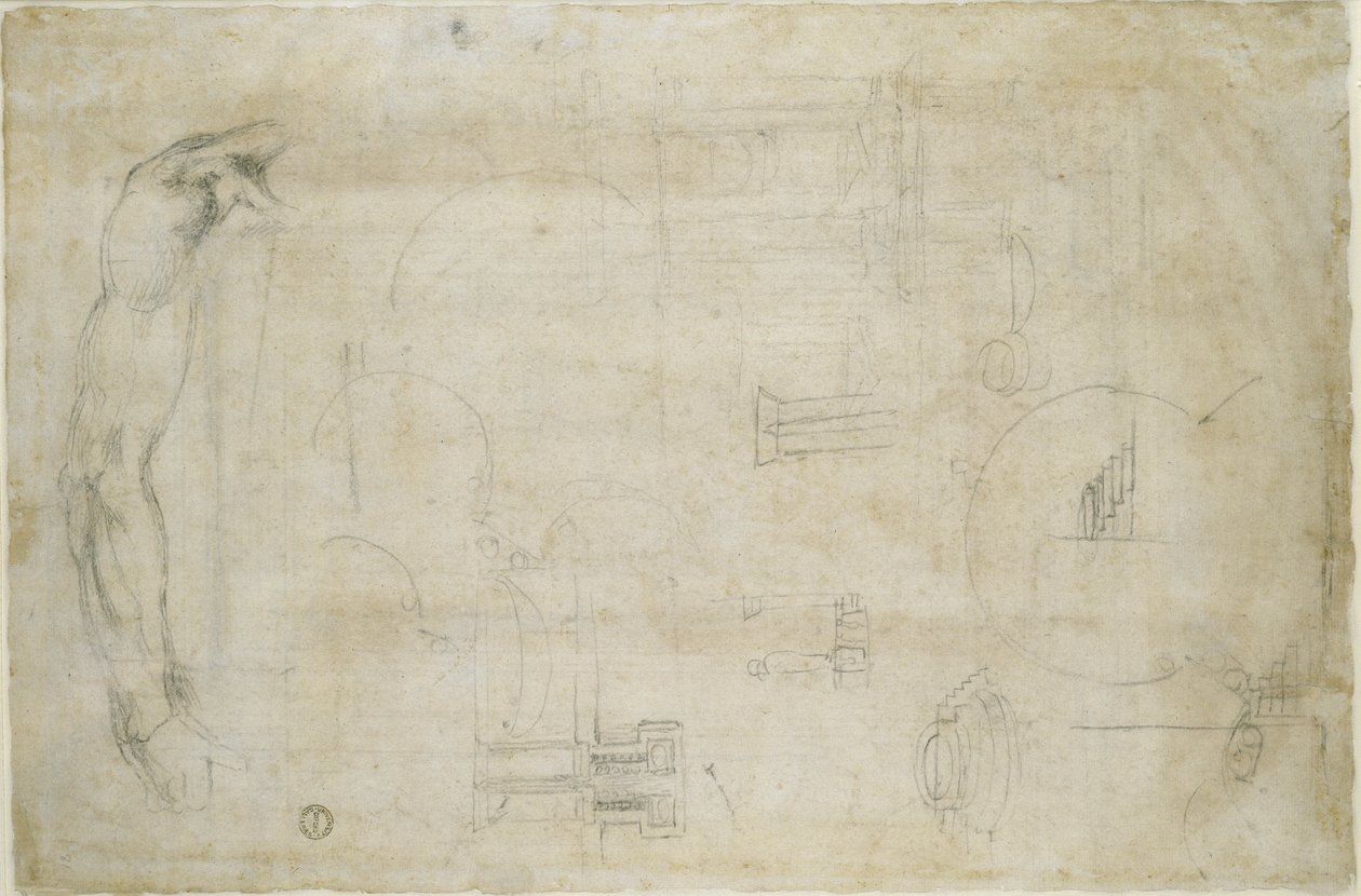 Studi architettonici e braccio di un uomo, c.1538-50 da Michelangelo Buonarroti