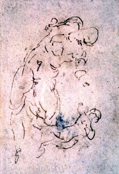 Schizzo di maschio reclinato e bambino (gesso rosso) da Michelangelo Buonarroti
