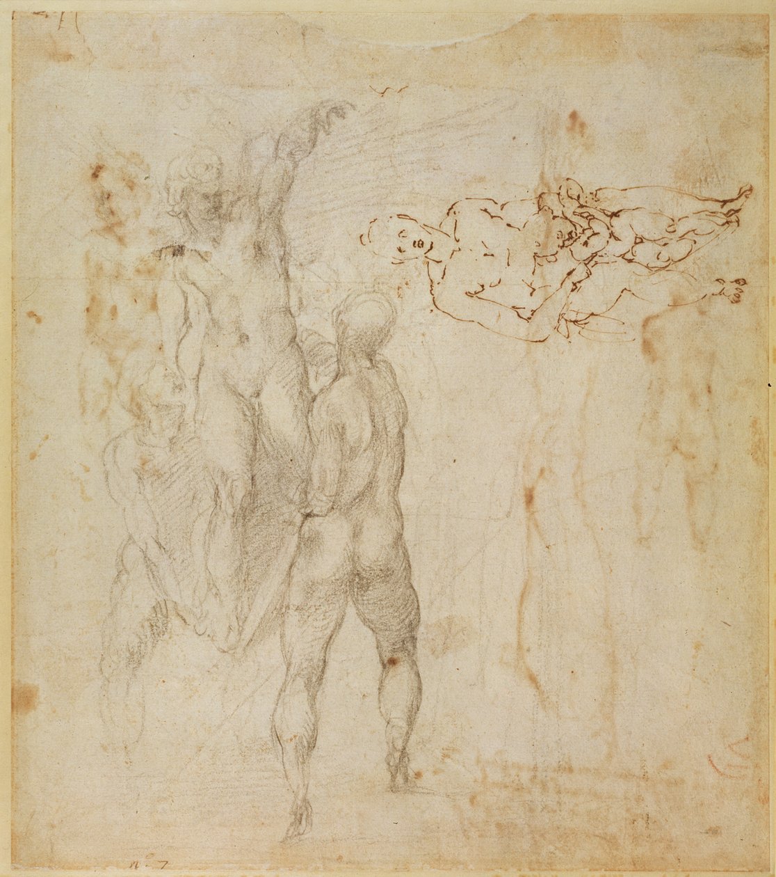 Gruppo maschile e figura seduta con bambino da Michelangelo Buonarroti