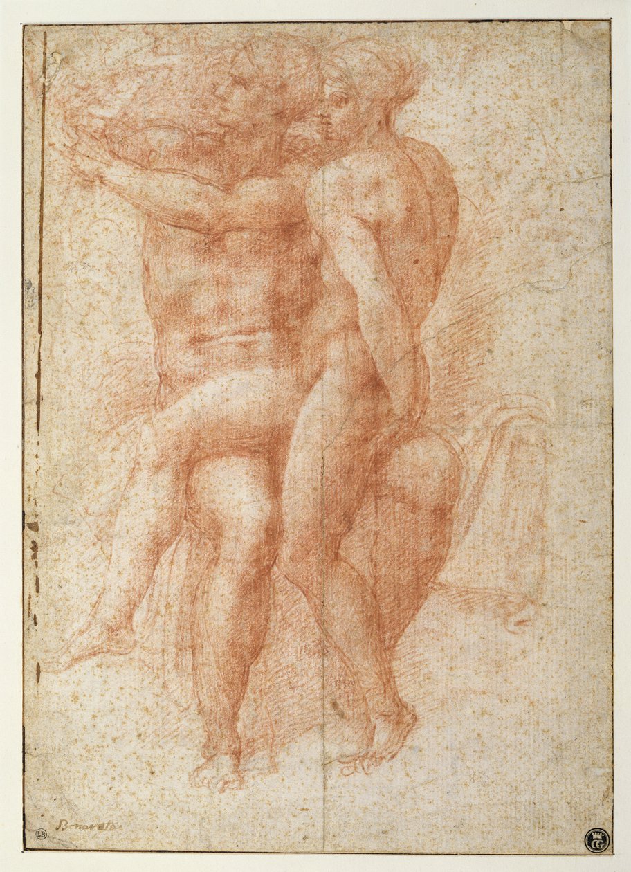 Nudo femminile seduto sulle ginocchia di un nudo maschile seduto: Adamo ed Eva da Michelangelo Buonarroti