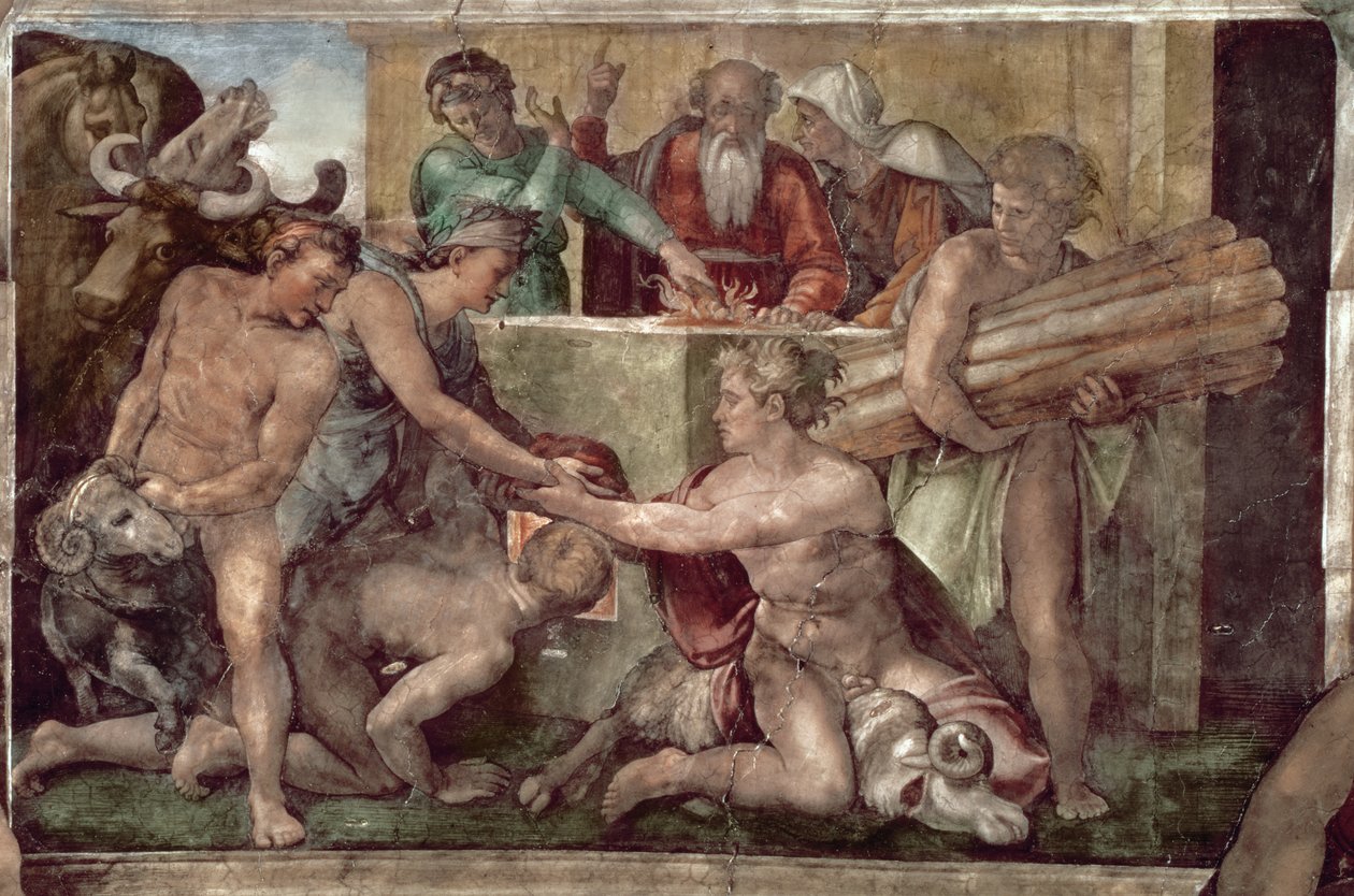Soffitto della Cappella Sistina (1508-12): Il sacrificio di Noè (pre-restauro) da Michelangelo Buonarroti