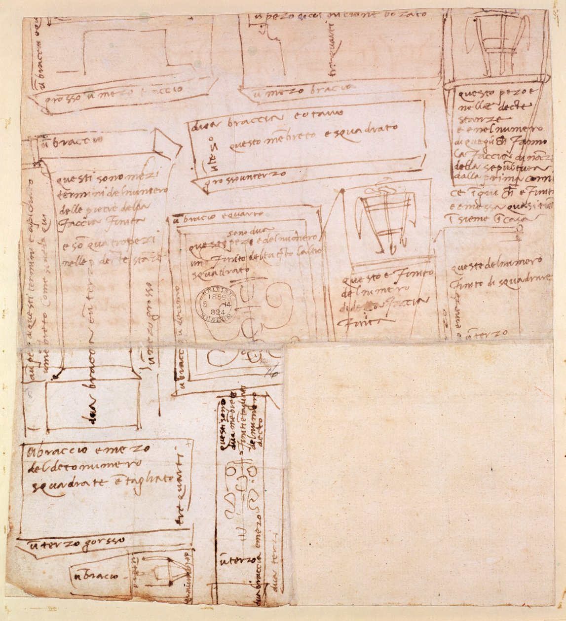 Schizzo di blocchi di marmo per statue con note (verso) da Michelangelo Buonarroti