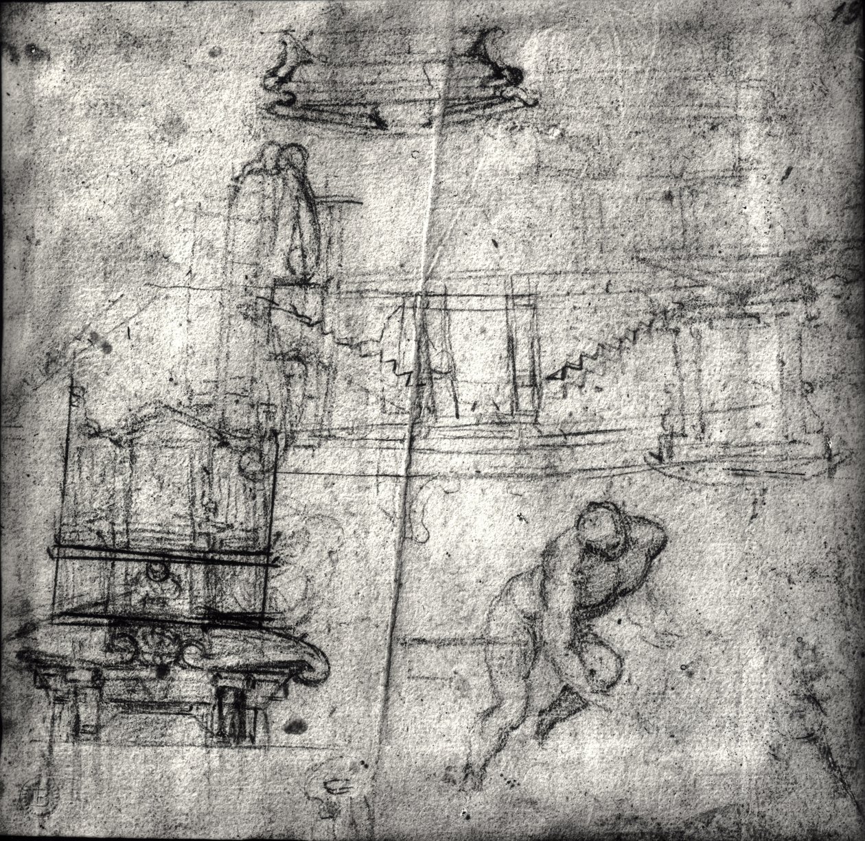 Schizzo con studi architettonici e un nudo maschile da Michelangelo Buonarroti