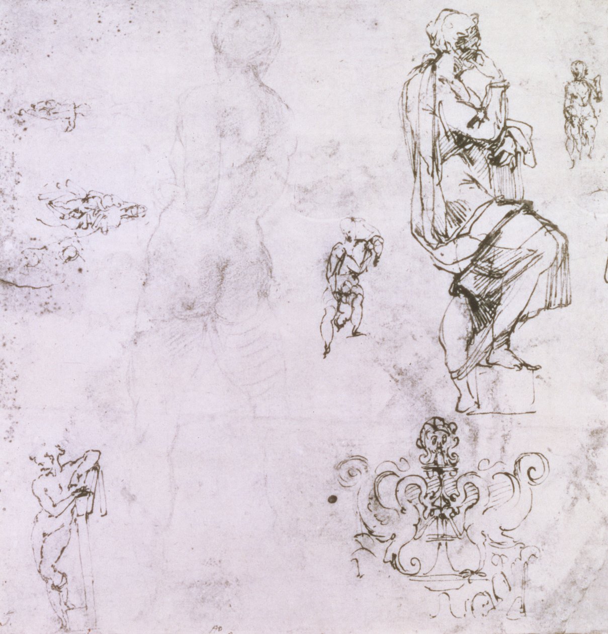 Schizzi di nudi maschili, una madonna con bambino e un emblema decorativo da Michelangelo Buonarroti