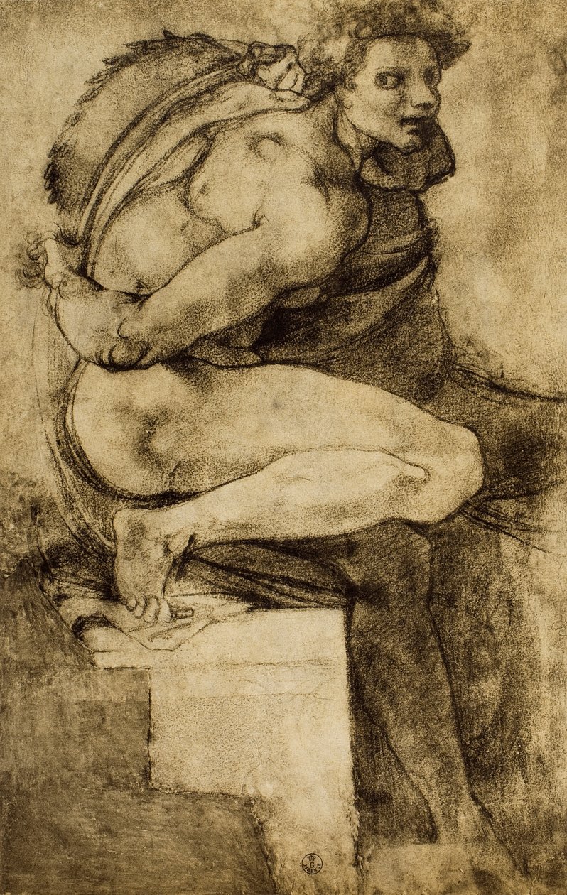 Studio di un nudo maschile con gamba piegata, disegno di Michelangelo da Michelangelo Buonarroti