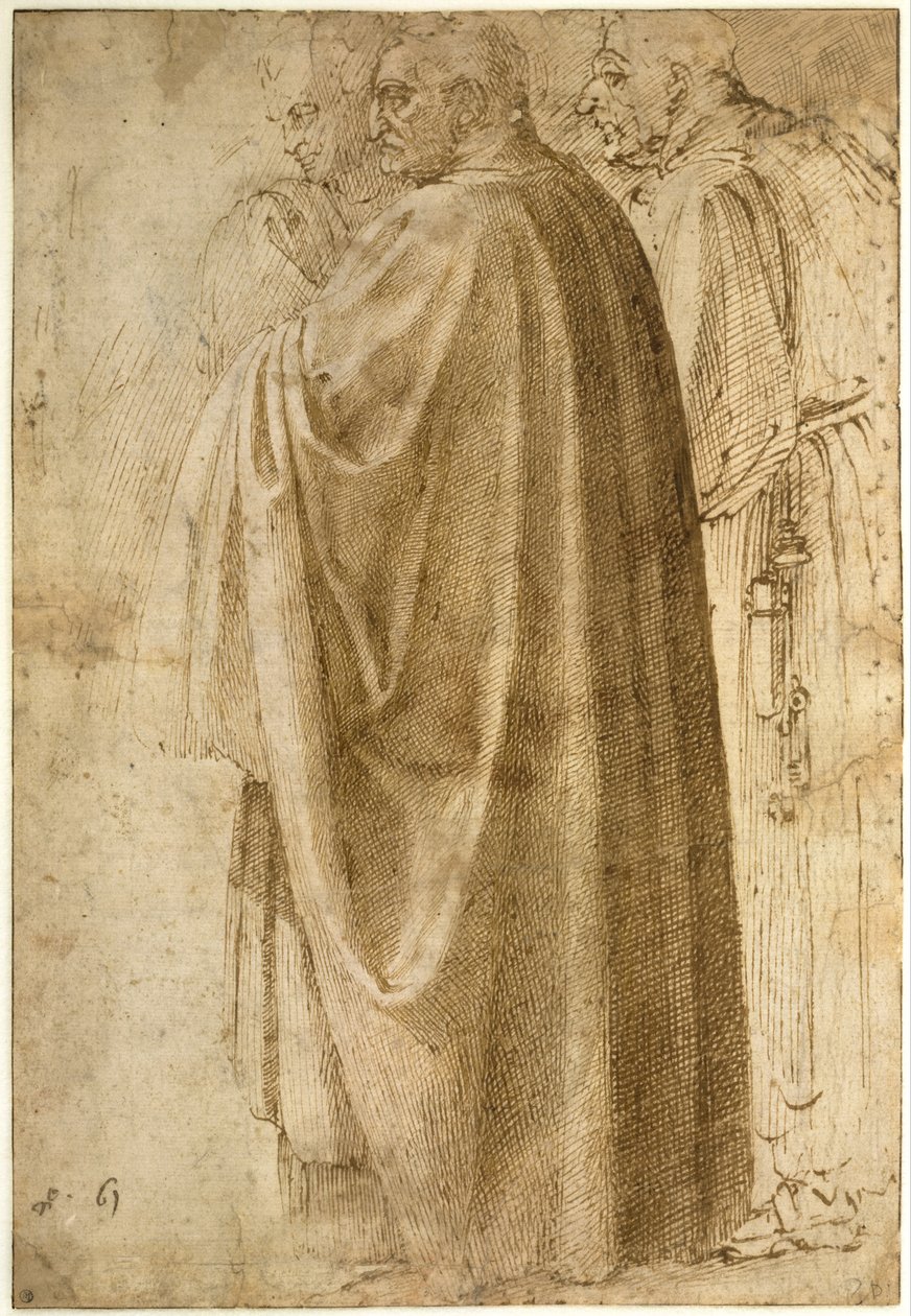 Tre uomini in piedi con ampi mantelli da Michelangelo Buonarroti