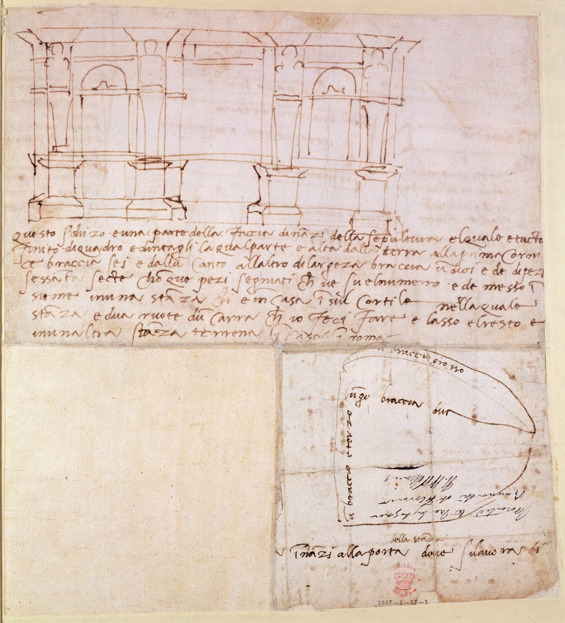 W.23r Schizzo architettonico con note (penna e inchiostro) da Michelangelo Buonarroti