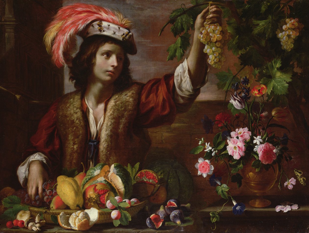 Giovane uomo con cappello piumato e natura morta da Michelangelo Cerquozzi