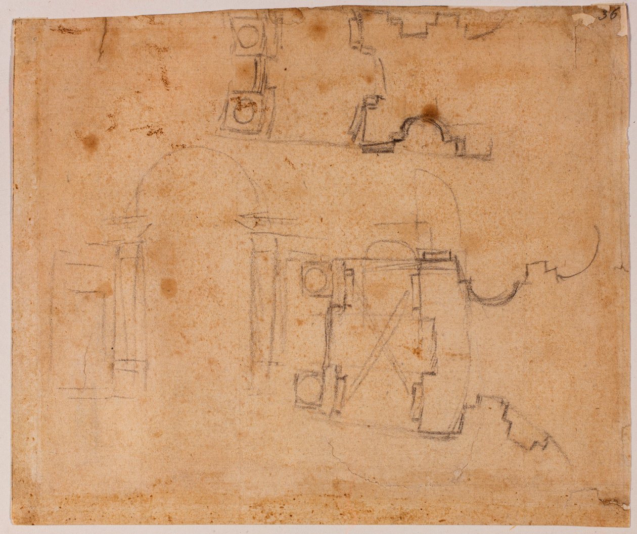 Elevazione architettonica e dettagli del piano di San Giovanni dei Fiorentini da Michelangelo Buonarroti