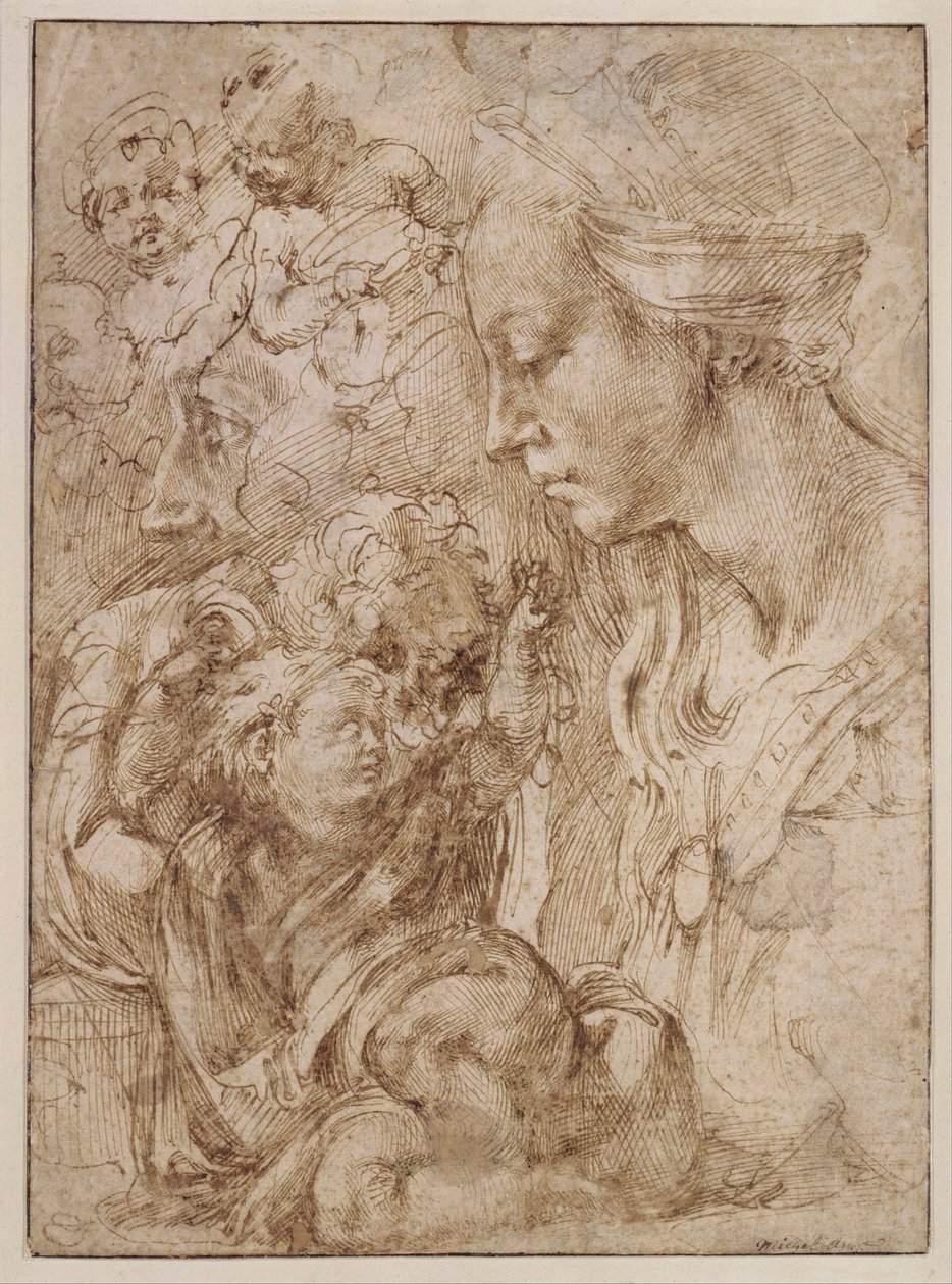 Etude pour la sainte Famille avec saint Jean Baptiste enfant (Studio per una Sacra Famiglia con Giovanni Battista bambino) Disegno di Michelangelo Buonarroti (1475-1564) - 1505 - Penna, pennello, inchiostro indiano su carta Dim 28,7x20,9 cm Staatliche Muse da Michelangelo Buonarroti