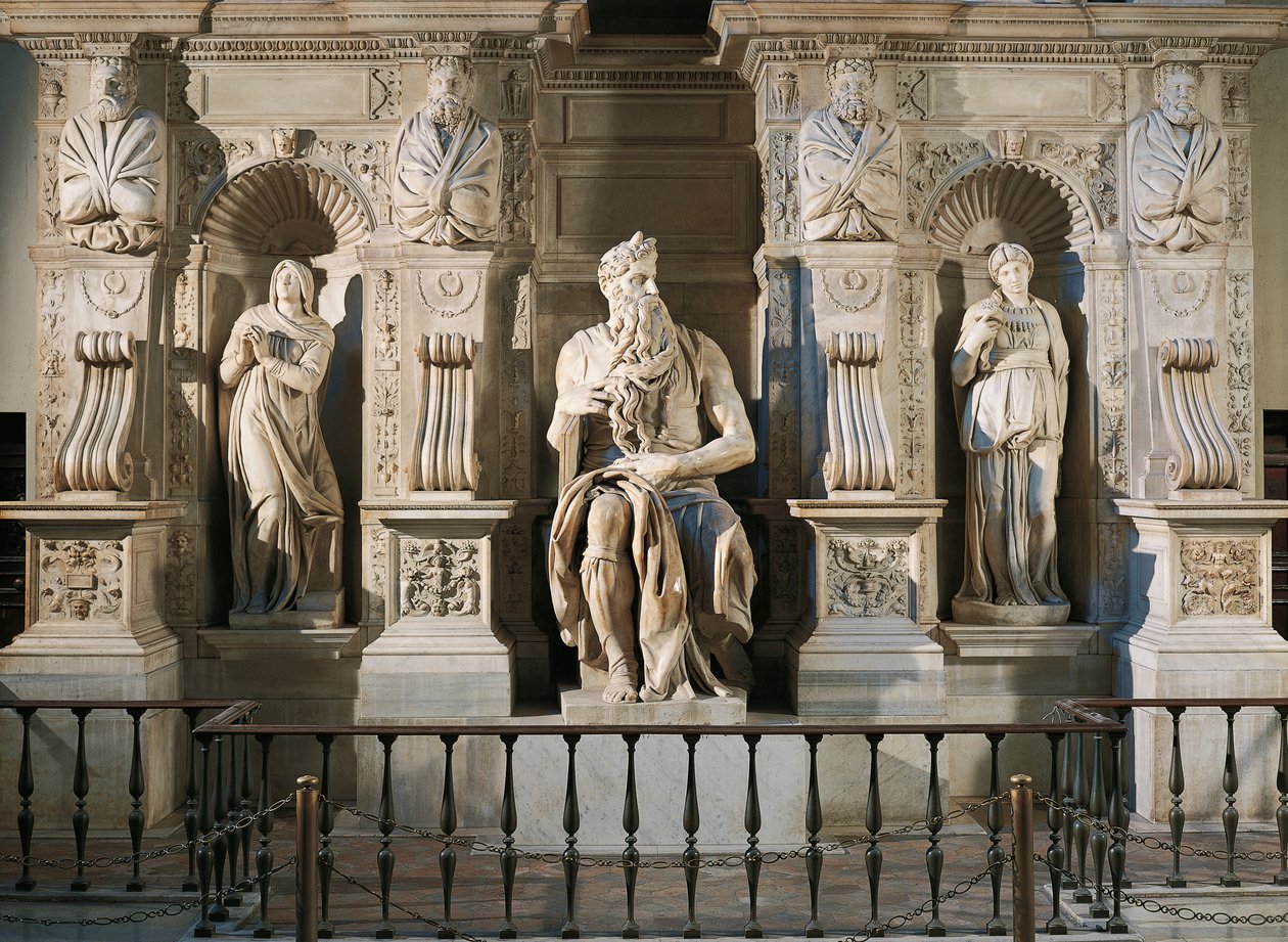 Italia, Roma, Basilica di San Pietro, Rachele, Mosè e Lia, dettaglio dalla tomba di Giulio II, circa 1515, di Michelangelo (1475-1564) da Michelangelo Buonarroti
