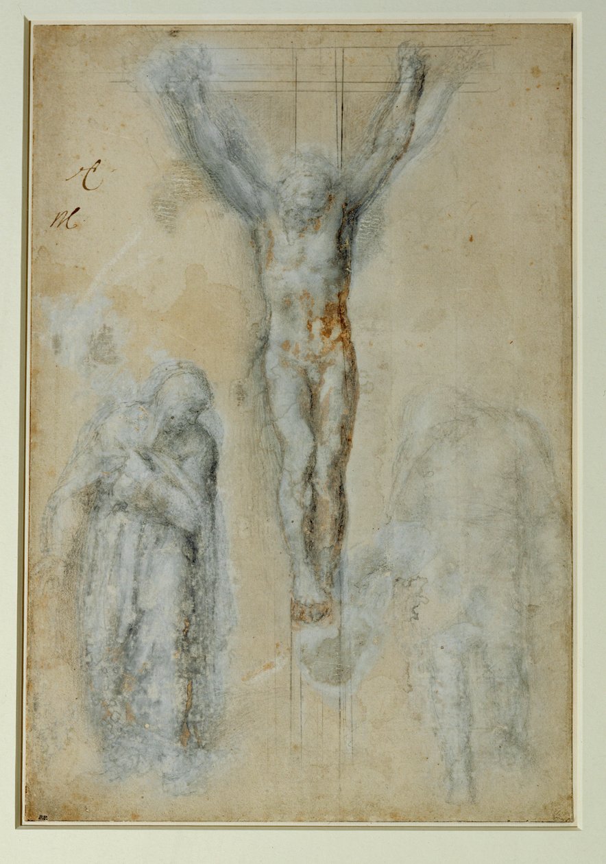 Cristo in croce tra la Vergine Maria e San Giovanni, pietra nera con lavaggio marrone e bianco... da Michelangelo Buonarroti