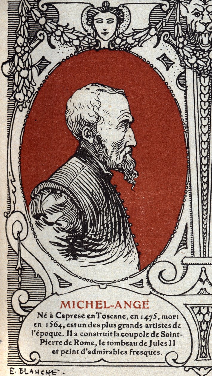 Ritratto del pittore rinascimentale italiano Michelangelo Buonarroti detto Michelangelo. da Michelangelo Buonarroti