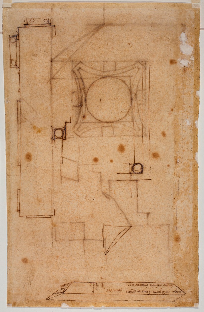 Sezione del capitello, piano della facciata e schizzi con annotazioni autografe delle misure da Michelangelo Buonarroti