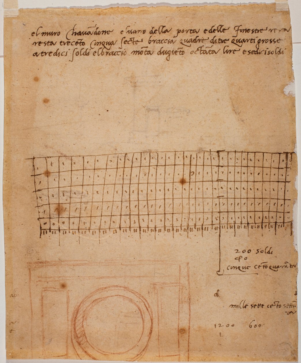 Schizzo per una finestra, annotazioni autografe e calcolo grafico da Michelangelo Buonarroti