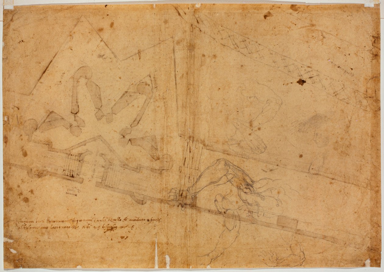 Studio di figura di altra mano e iscrizione manoscritta da Michelangelo Buonarroti