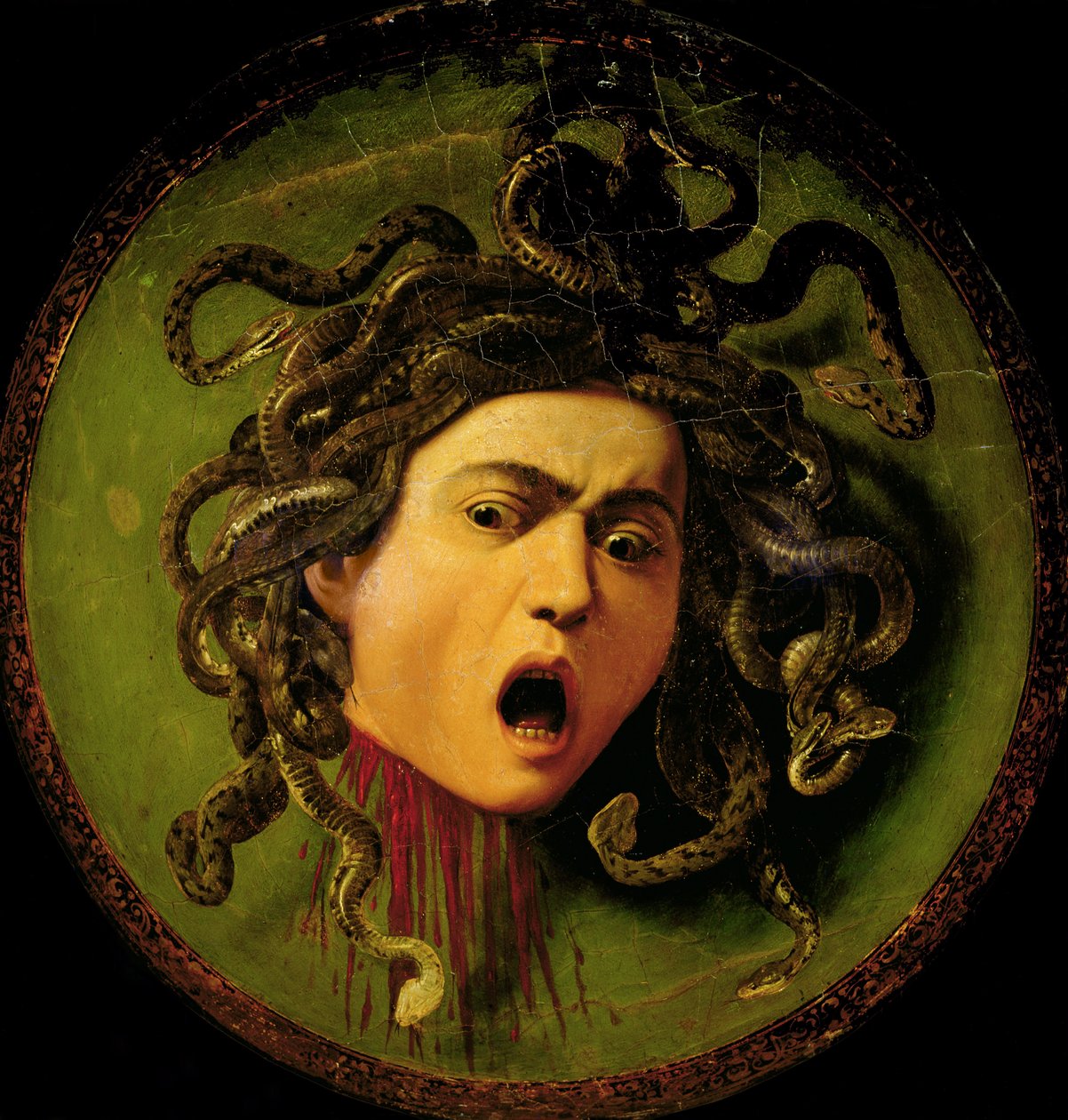 Medusa, dipinta su uno scudo da giostra in pelle, c.1596-98 (pre restauro) da Michelangelo Merisi da Caravaggio