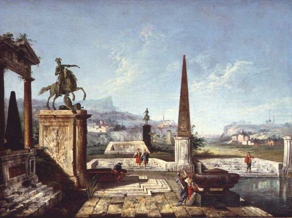 Un capriccio di monumenti classici, un obelisco con soldati vicino a una piscina e montagne oltre da Michele Marieschi