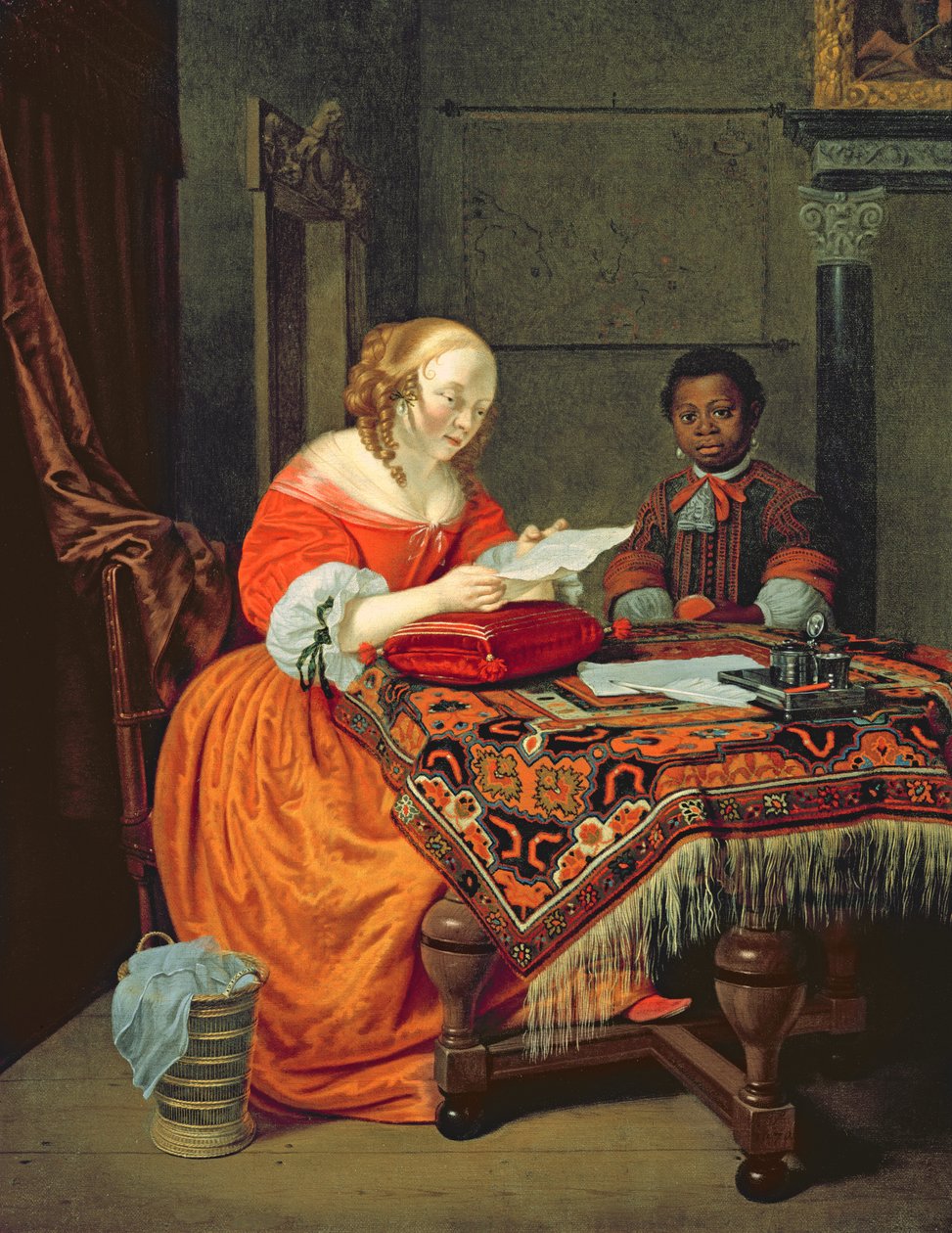 Una donna che legge una lettera con un nero in attesa, 1670 da Michiel van Musscher
