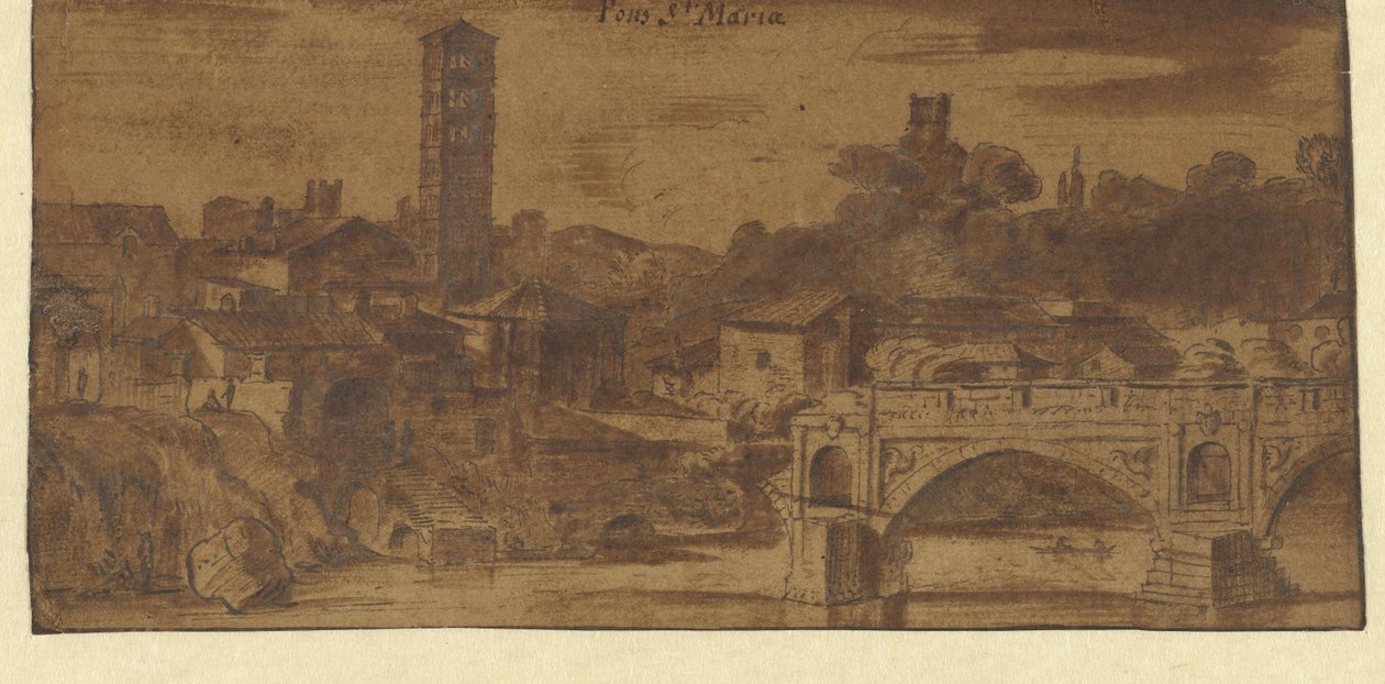 Veduta di S. Maria in Cosmedin, il tempio di Vesta e il Ponte S. Maria a Roma da Michiel van Overbeek