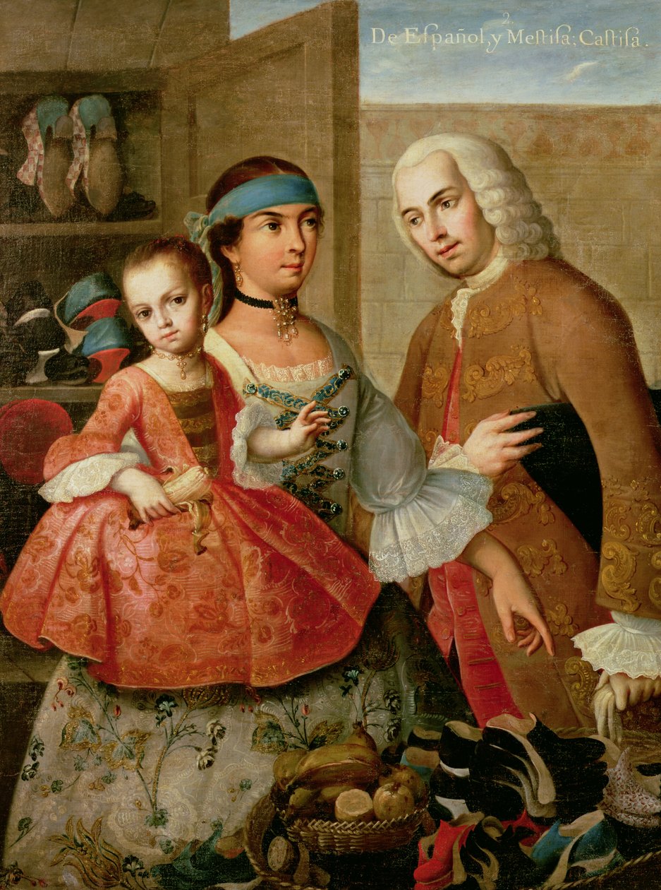 Uno spagnolo e sua moglie indiana messicana e il loro bambino, da una serie sui matrimoni misti in Messico da Miguel Cabrera